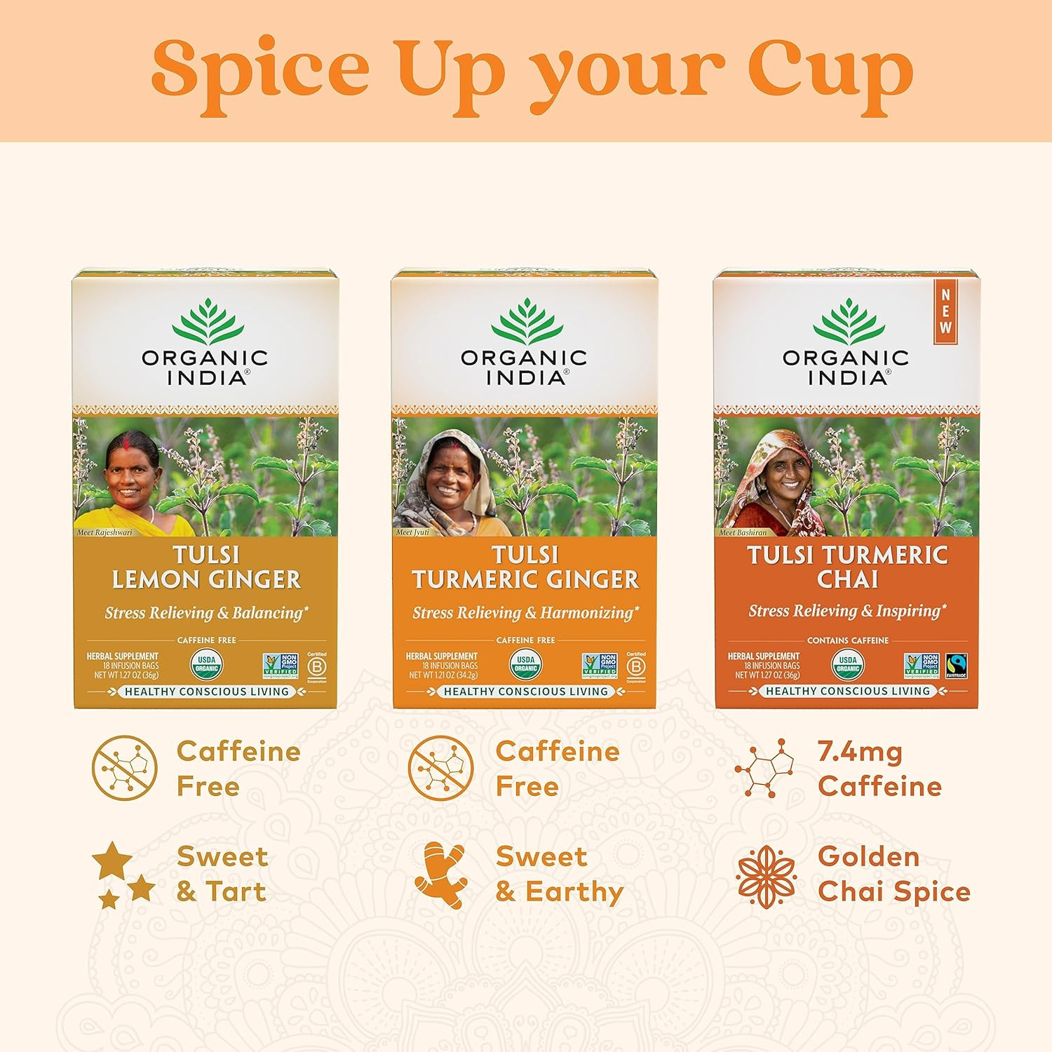Organic India Tulsi Turmeric Ginger Herbal Tea – Stress Relieving & Harmonizing,