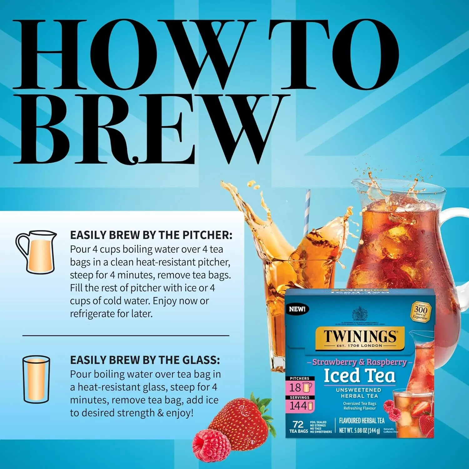 Twinings of London STRAWBERRY & RASPBERRY Iced Tea 72-Bags Unsweetened BB 2/27