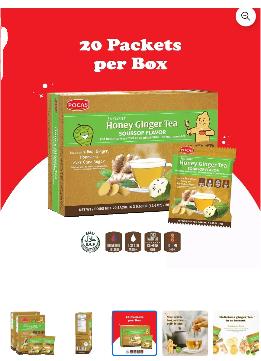 Pocas Honey Ginger Instant Tea Powder, Soursop Flavor, Real Ginger Extract & Hon