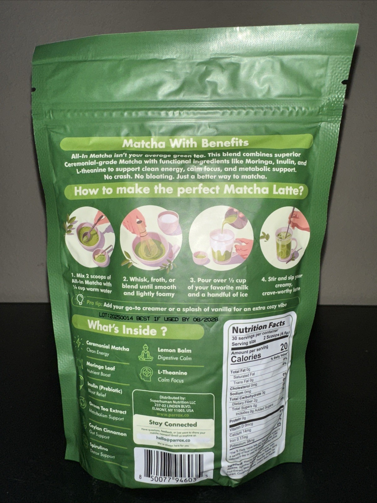 Parrox All-In Matcha Tea Powder, Vegan Non-GMO Prebiotics – Brand New