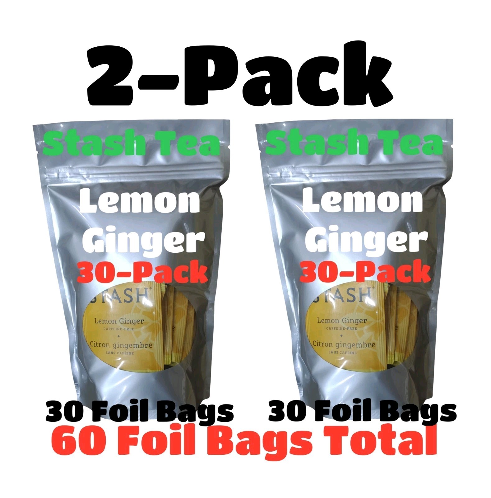 2 PACK LEMON GINGER TEA 30 Bags Non-GMO Kosher STASH Caffeine Free