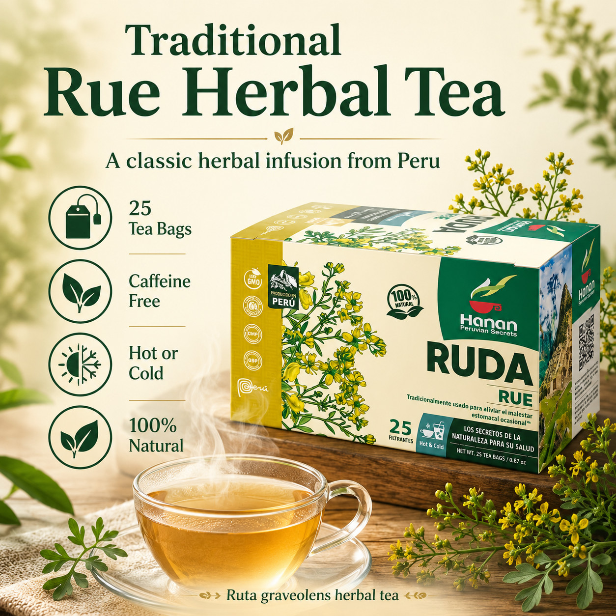 Te de Ruda 100% Natural Rue 25 Tea Bags for Relaxation & Well-Being from Peru