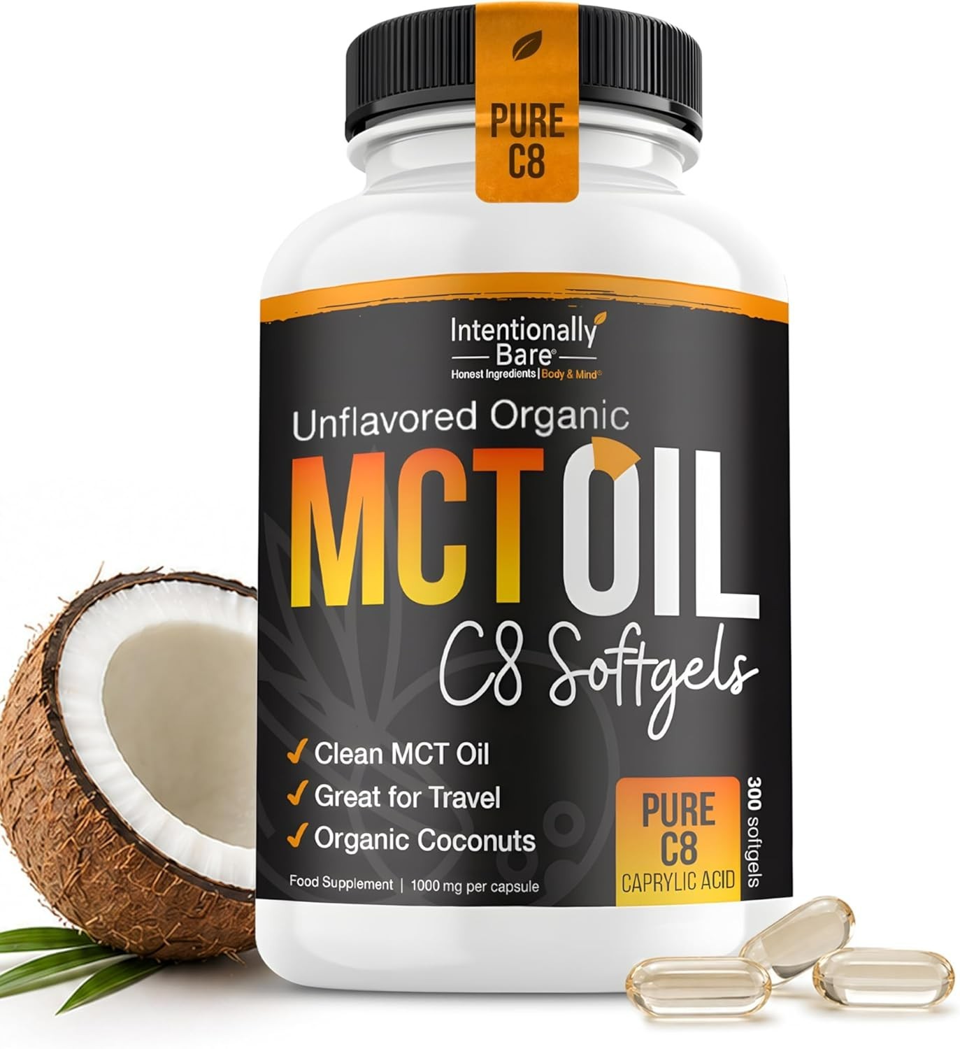 Intentionally Bare Organic MCT Oil – 300 softgels – 02/2028