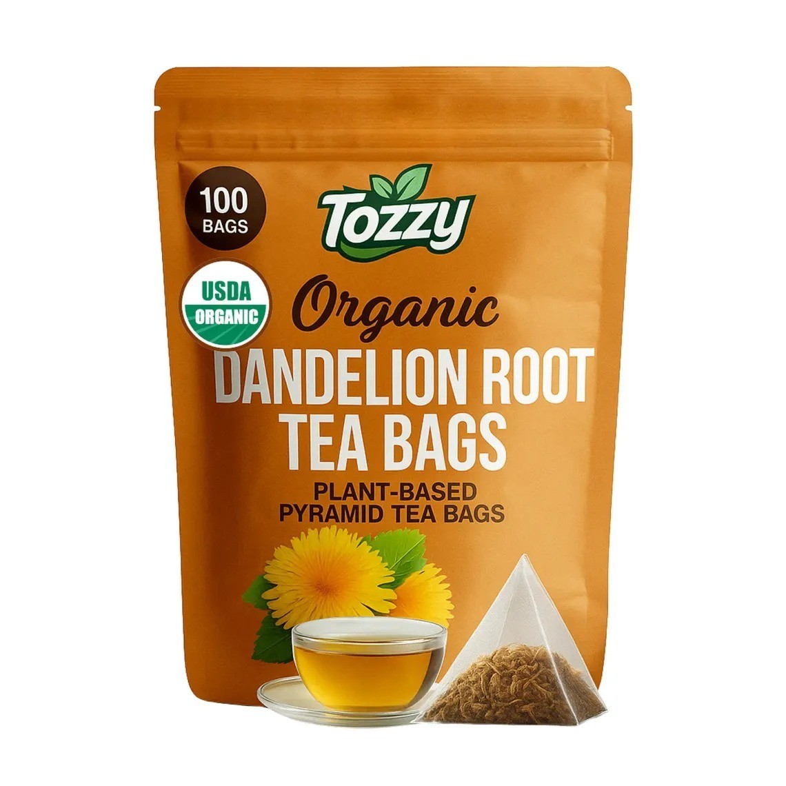 100 Count Organic Dandelion Root Tea – USDA Organic – Plant-Based Pyramid Bags