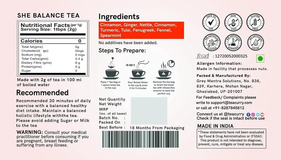 TEACURRY Pcos Tea (1 Month Pack,30 Tea Bags) Free Shipping World Wide