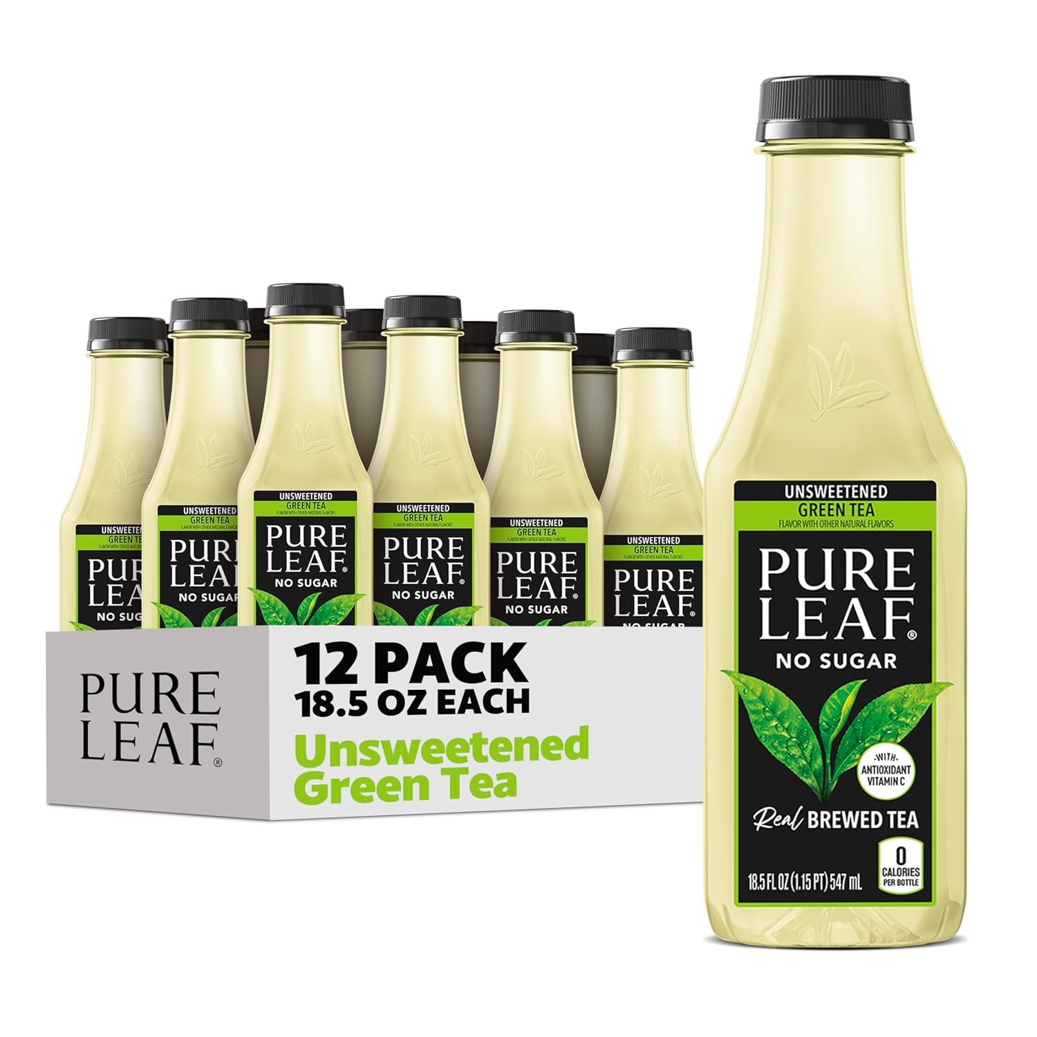 Pure Leaf Iced Tea, Unsweetened Green 18.5 fl Oz Bottles (Pack of 12)