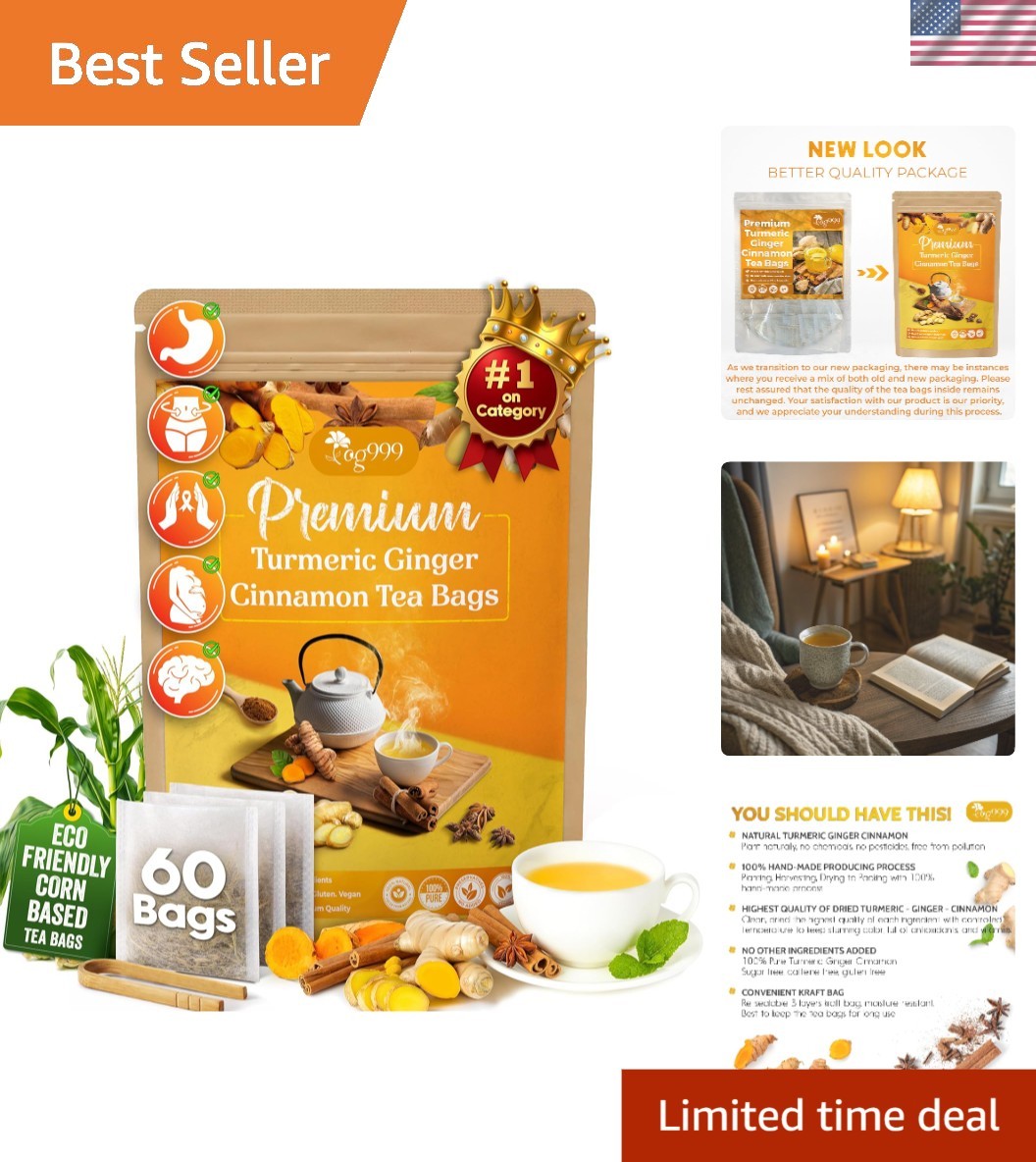 Natural Turmeric Ginger Herbal Tea Bags – 60 Count for Digestion & Brain Support