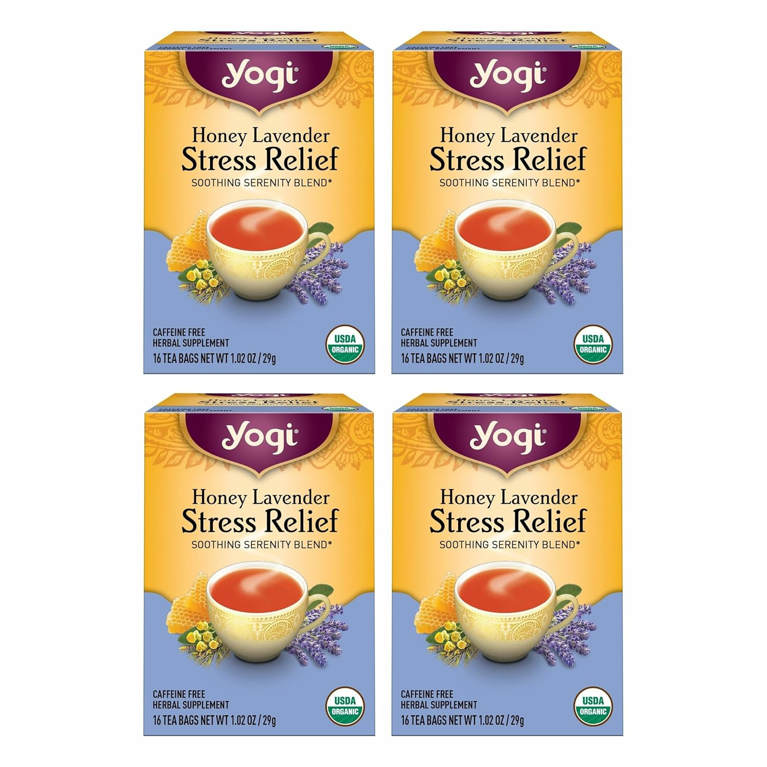 Tea Honey Lavender Stress Relief – 16 Bags per Pack (4 Packs) – Organic Chamomil
