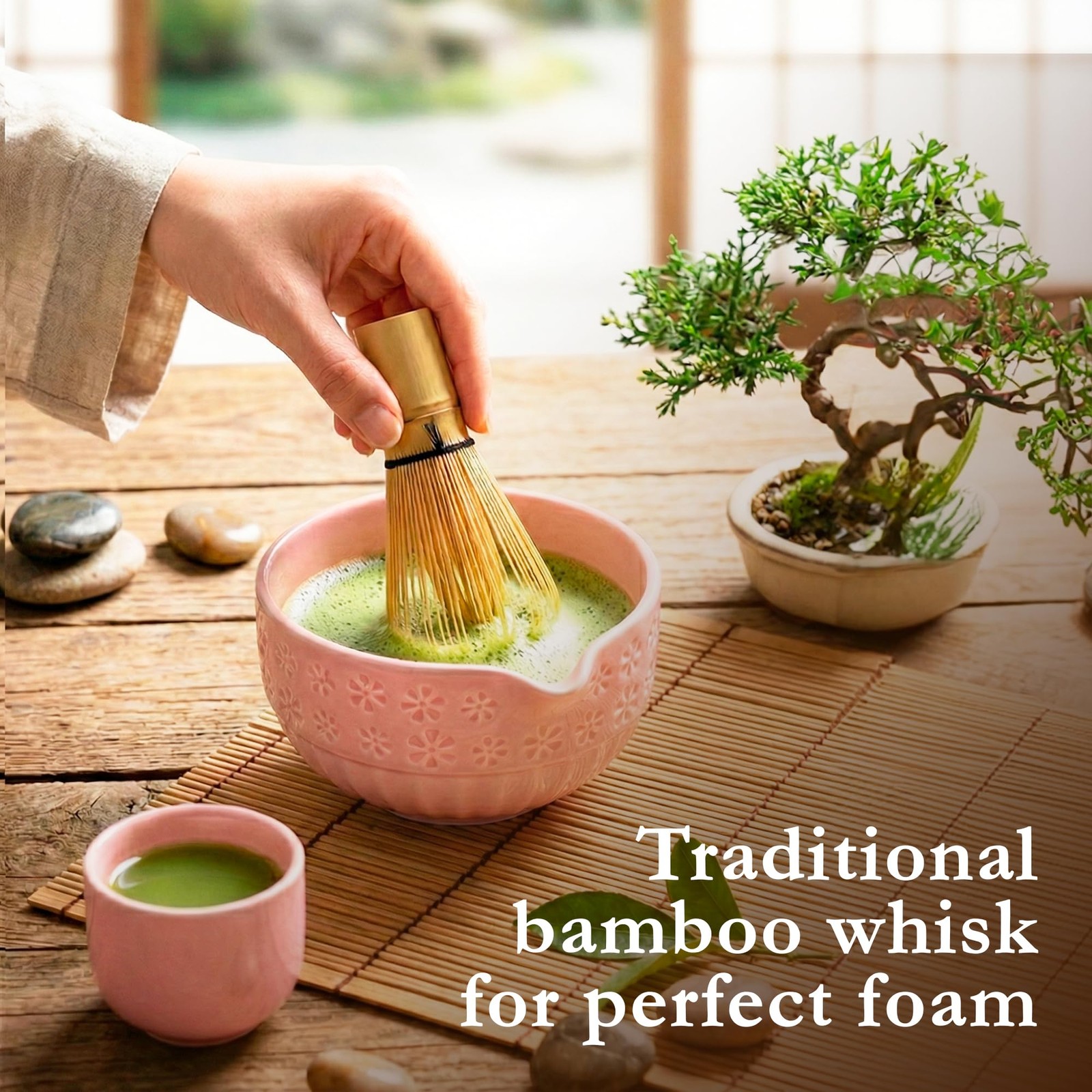 Matcha Whisk Set, Ceramic & Pink Matcha Set with Bowl, Bamboo Whisk, Scoop, S…