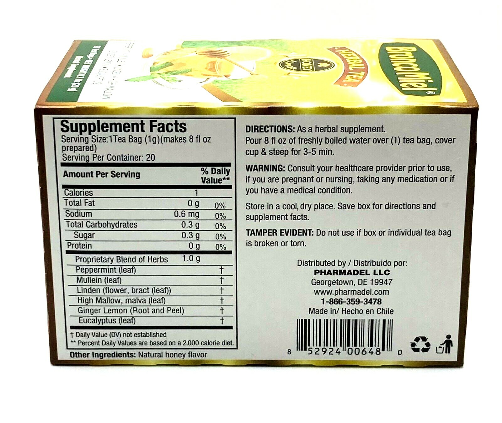 Bronco Miel Honey Herbal Tea 3 Box Bundle 20 Bags Each Eucalyptus Ginger