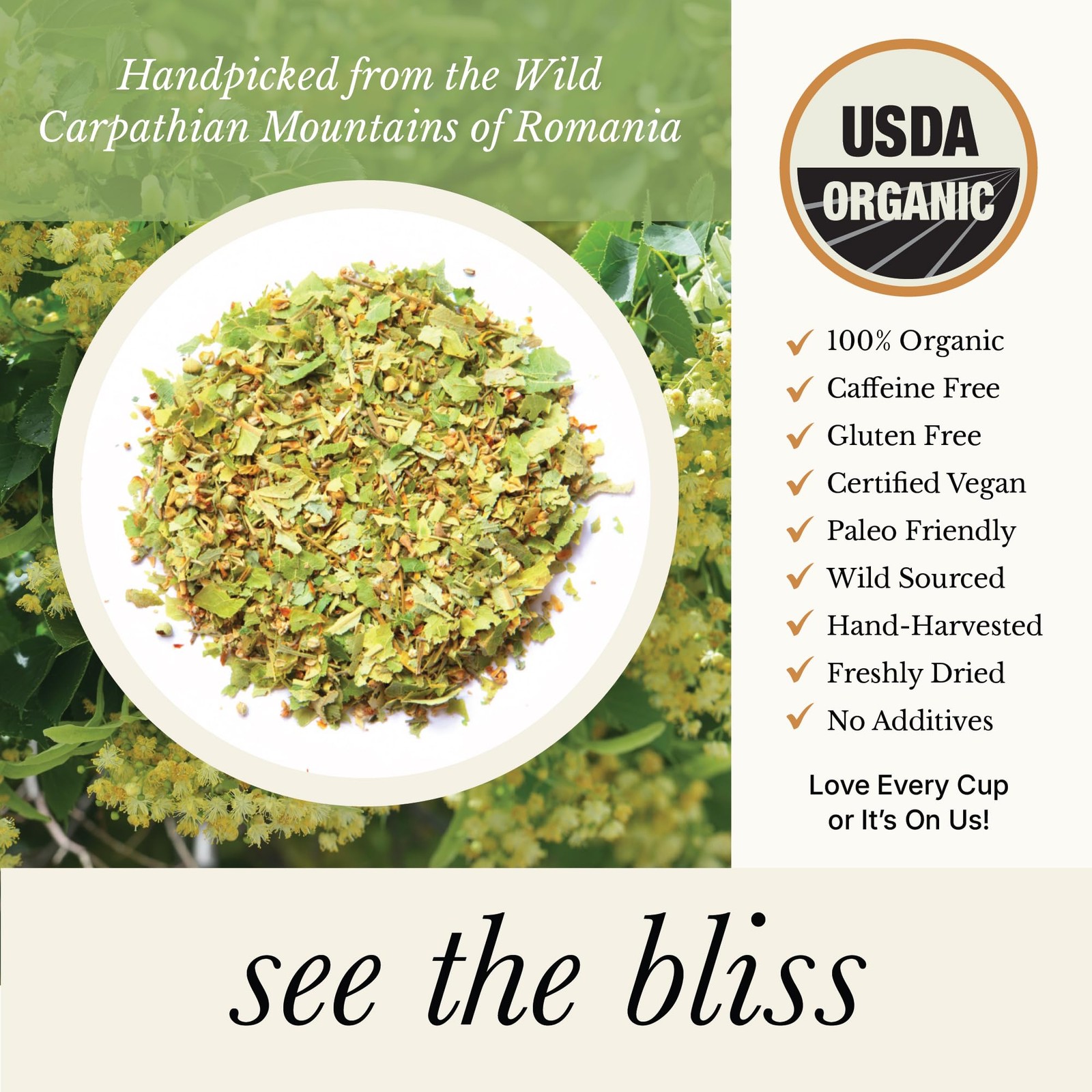 Wild Bliss Organic Linden Flower Loose Leaf Tea 8.8oz Caffeine Free 125 Servings