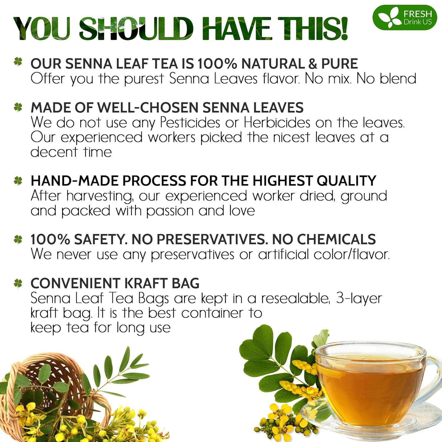 , Premium 135 Senna Leaf Tea Bags, 100% Natural & Pure from Senna Leaves. Loose