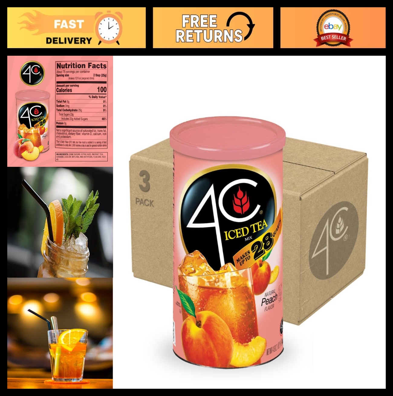 Peach Tea Powdered Drink Mix 3 Pack – Family Size, 28 Quarts, Refreshing Flavor