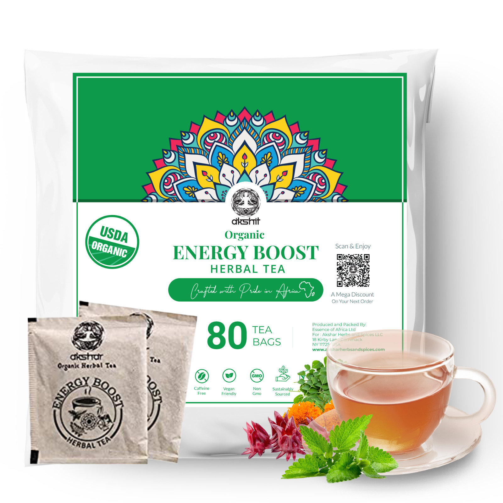 80 Energy Tea Bags, Energy Boost Tea, Hibiscus Moringa Tea Blend, Caffeine Free