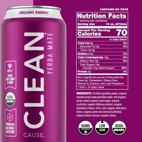 CLEAN Cause Blackberry Yerba Mate Sparkling Tea 12-Pack 16oz Cans