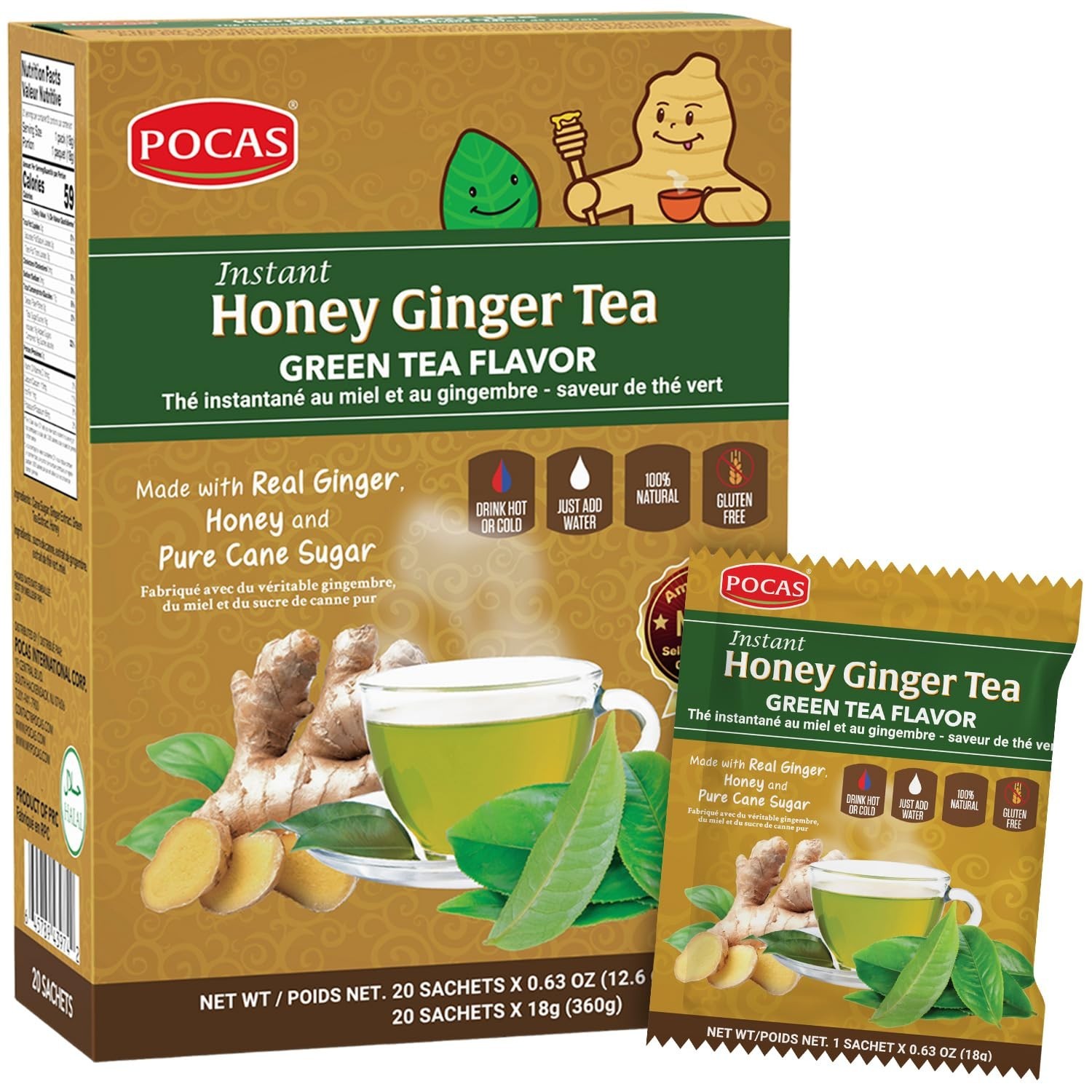 Honey Ginger Instant Tea Powder, Green Tea Flavor, Ginger Extract & Real Swee…