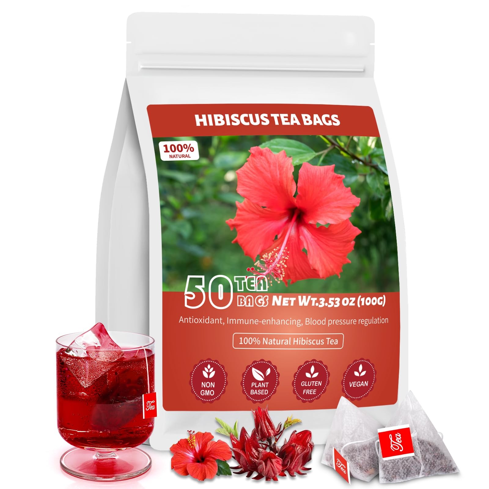 Hibiscus Tea Bags, 100% Natural Flowers Herbal 50 Count (Pack of 1)