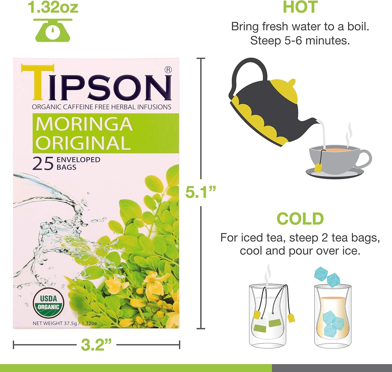 Organic Moringa Caffeine Herbal Tea – Original Flavor – 25 Premium Double
