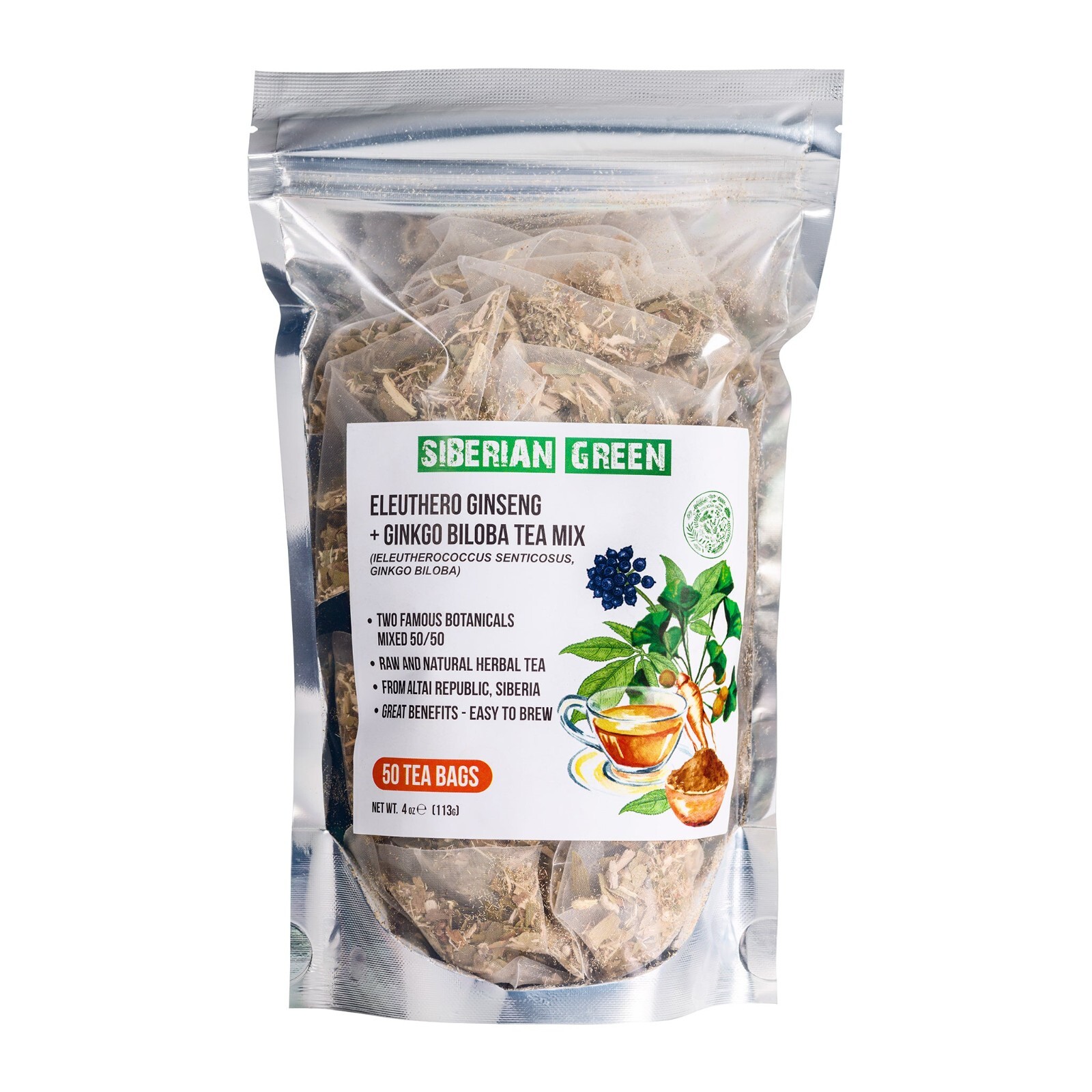 Siberian Green Ginkgo Biloba Tea with Eleuthero Root – 50 Tea Bags