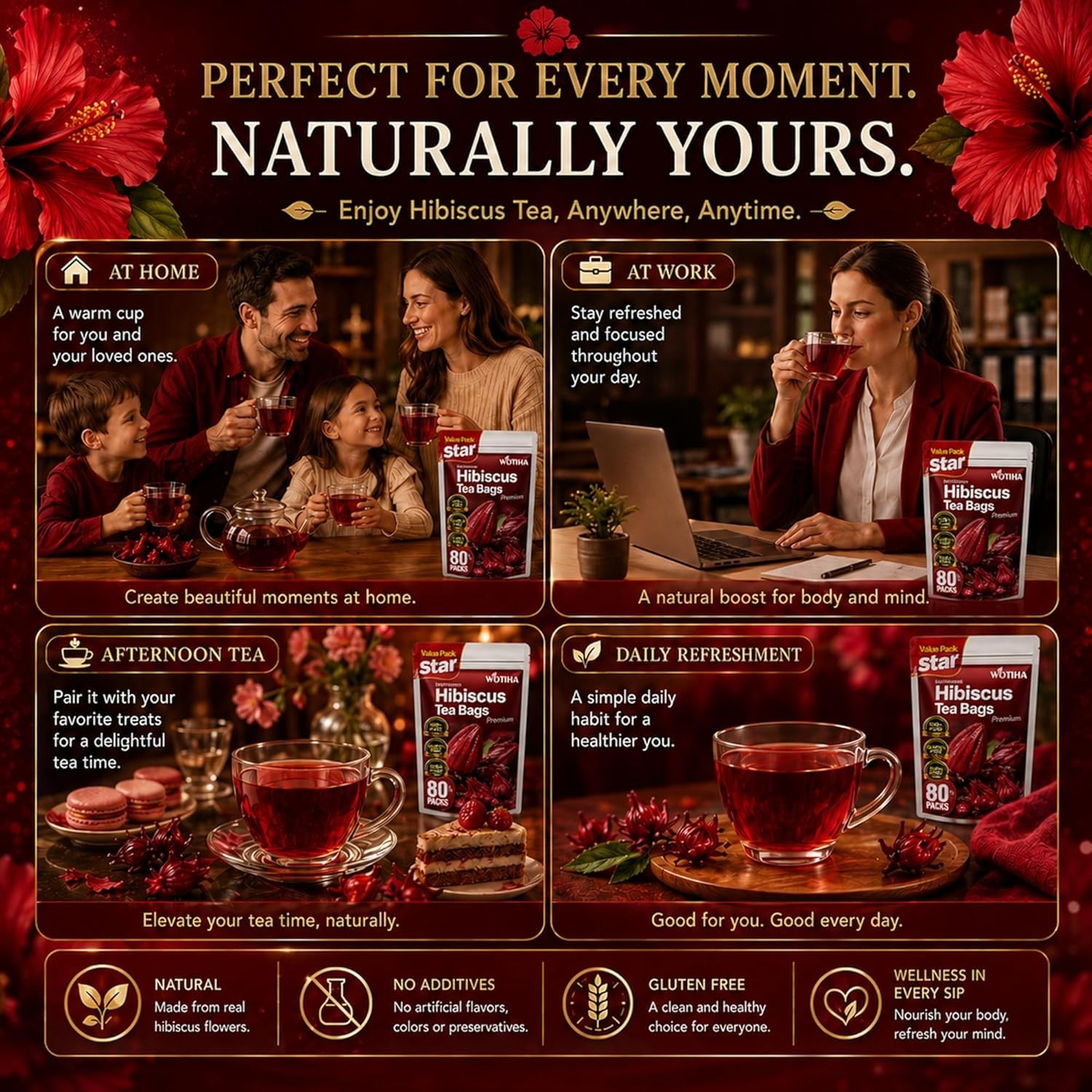 WOTIHA Premium 80 Hibiscus Flower Tea Bags (Flor de Jamaica) – 100% Natural, Tar