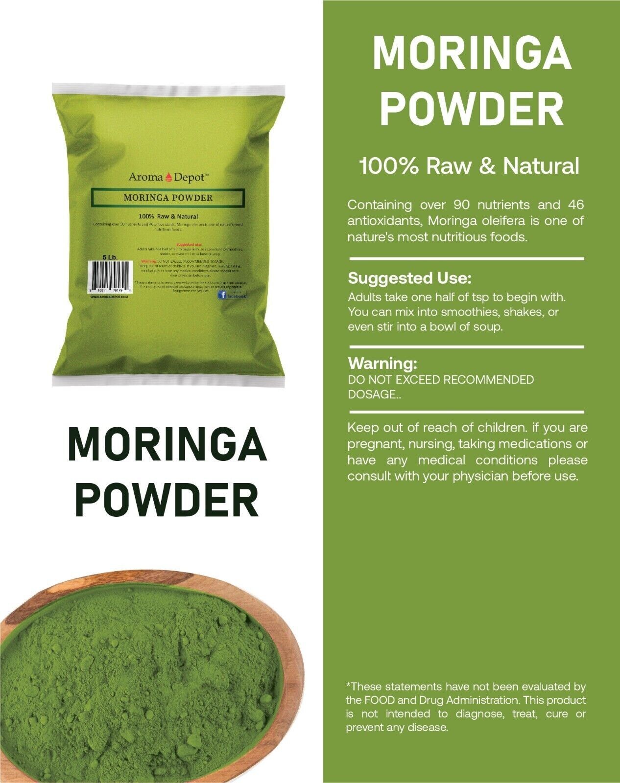 Moringa Leaf Powder 3 lbs. (x3 Individual -1lb) 100% Pure Natural oleifera 3PACK