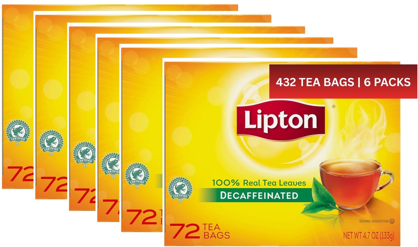 Lipton Black Decaffeinated Hot Tea, 72 count tea bags per box, 6 boxes per…