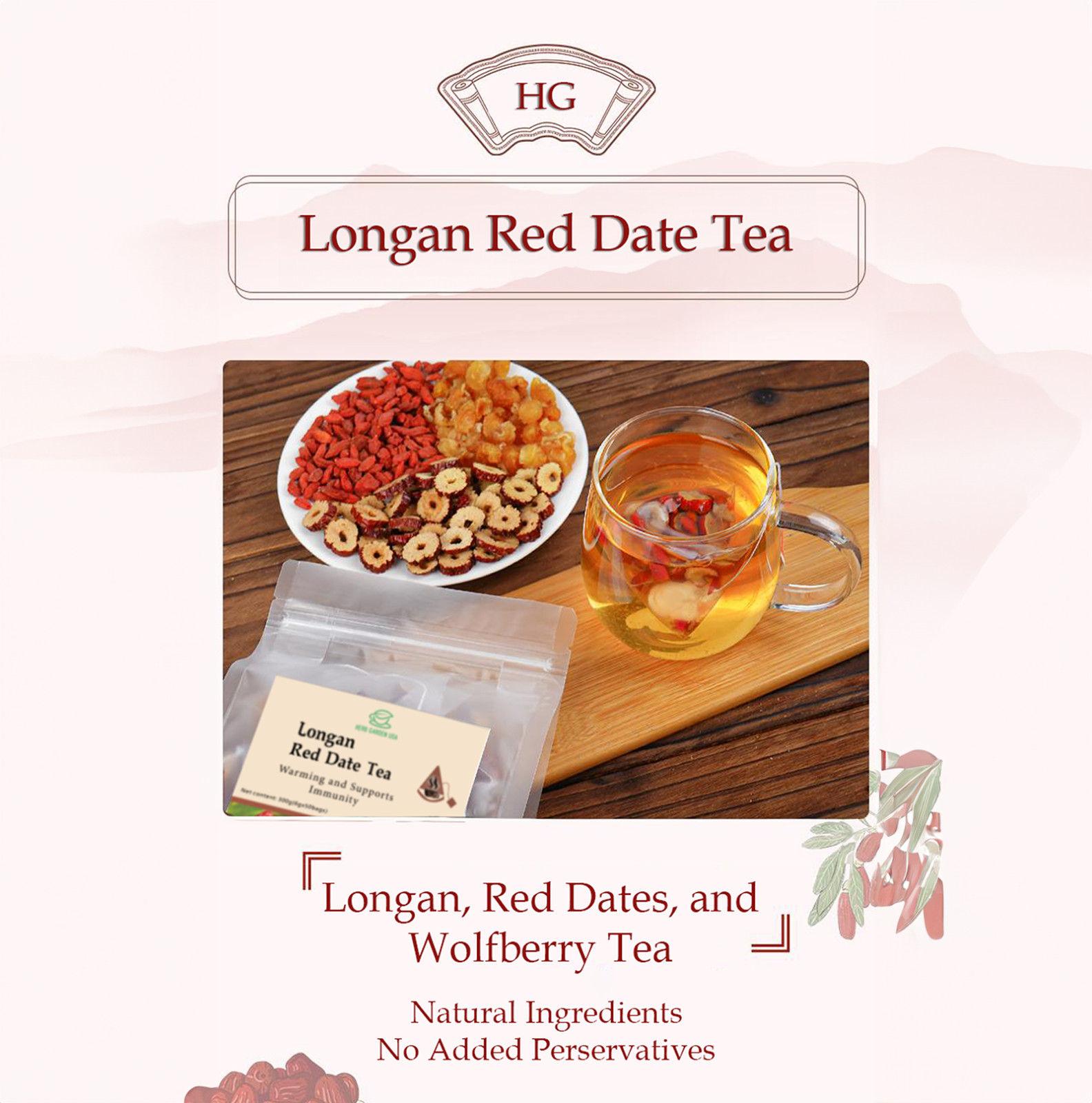50 Packs Tea Bags – Red Date Kidney Health Herbal Tea Caffeine Free