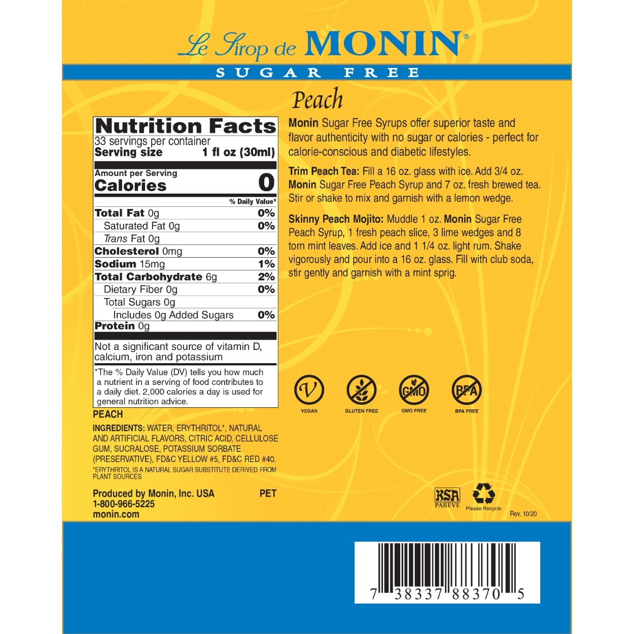 Monin Sugar Free Peach Syrup – Bottle (1 Liter), H-Peach, 1.0L- sf