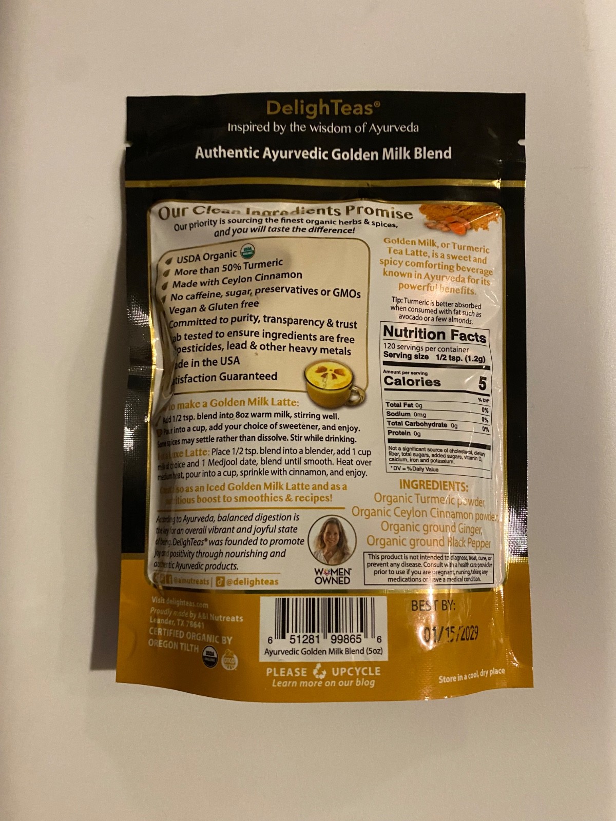Turmeric Tea Latte, Ayurvedic Golden Milk Blend, Caffeine Free, 5 oz exp 2029