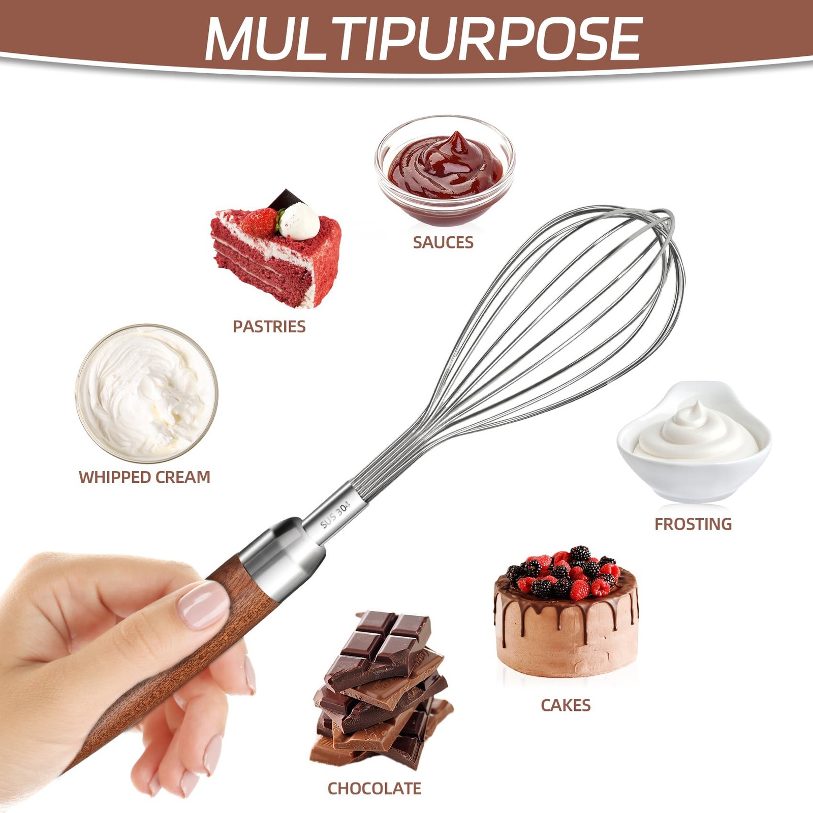 Stainless Steel Wire Whisk, Wooden Handle Kitchen Multi 10″L x 1.8″W, Silver