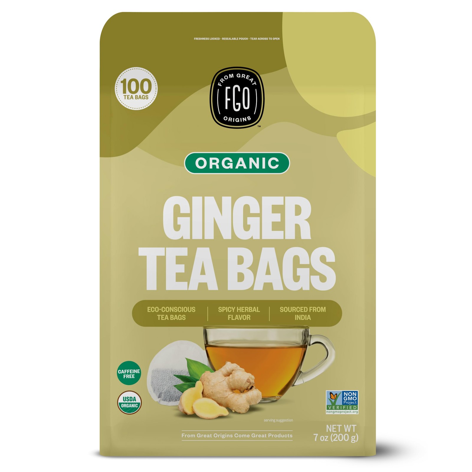 FGO Organic Ginger Tea, Eco-Conscious Tea Bags, 100 Count