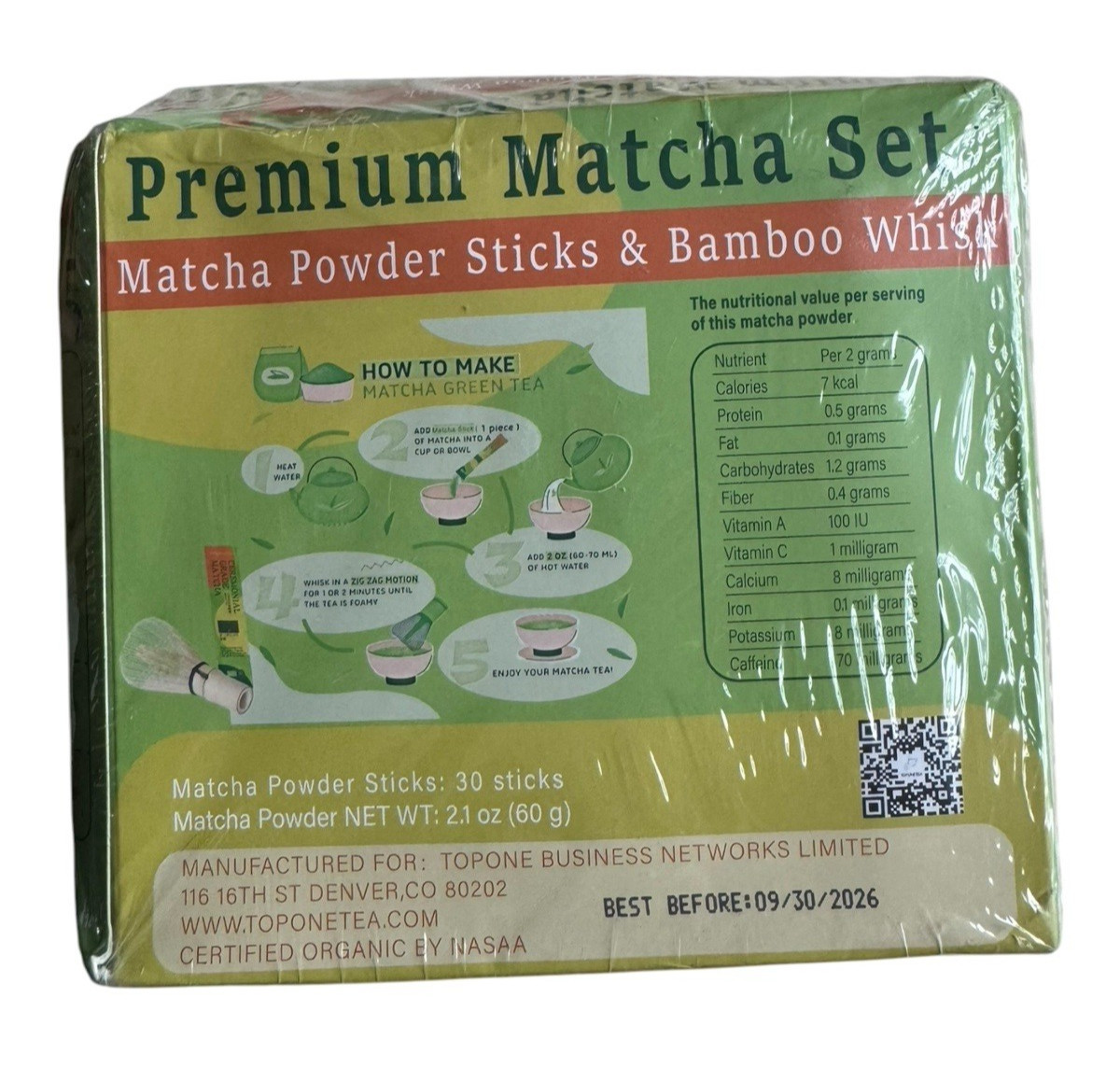 Organic Matcha Set – 30 Matcha Powder Sticks + Bamboo Matcha Whisk – Ex: 9/26