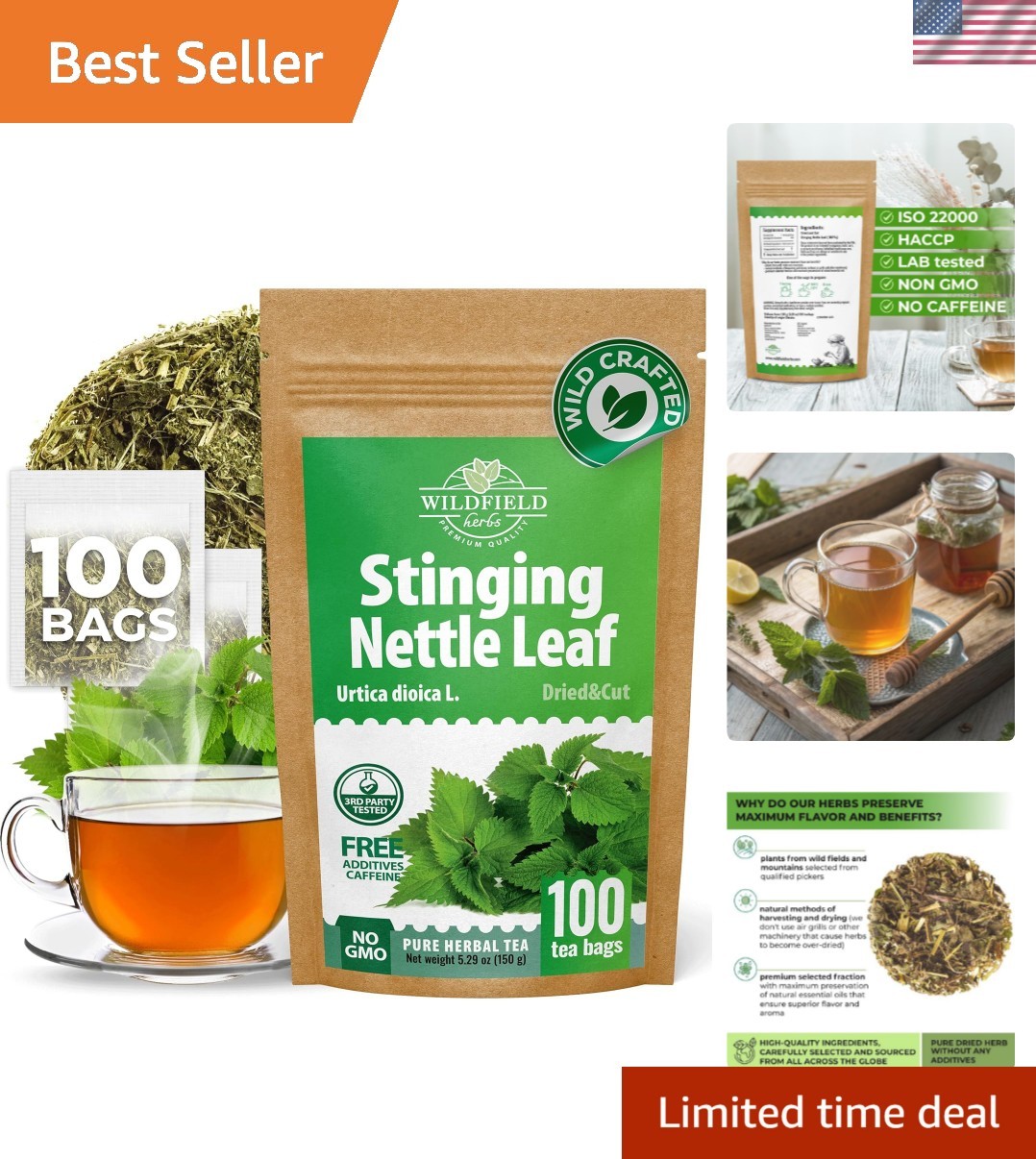 100 Bags Nettle Leaf Tea Ortiga Dried Nettle Herb Planta Bulk Urtica Dioica -…