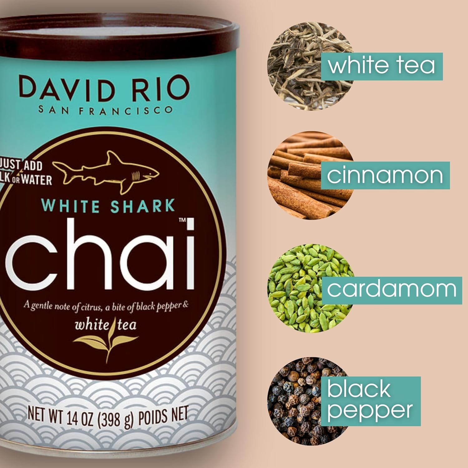 White Shark Chai Tea Latte Mix, 14 Oz, White Tea, Organic Spices, Dairy Free, Se