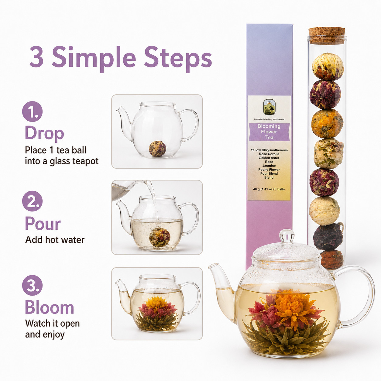 Flowering Tea Balls 8 pack Chinese Blooming Floral Iced Tea 40g Caffeine-Free