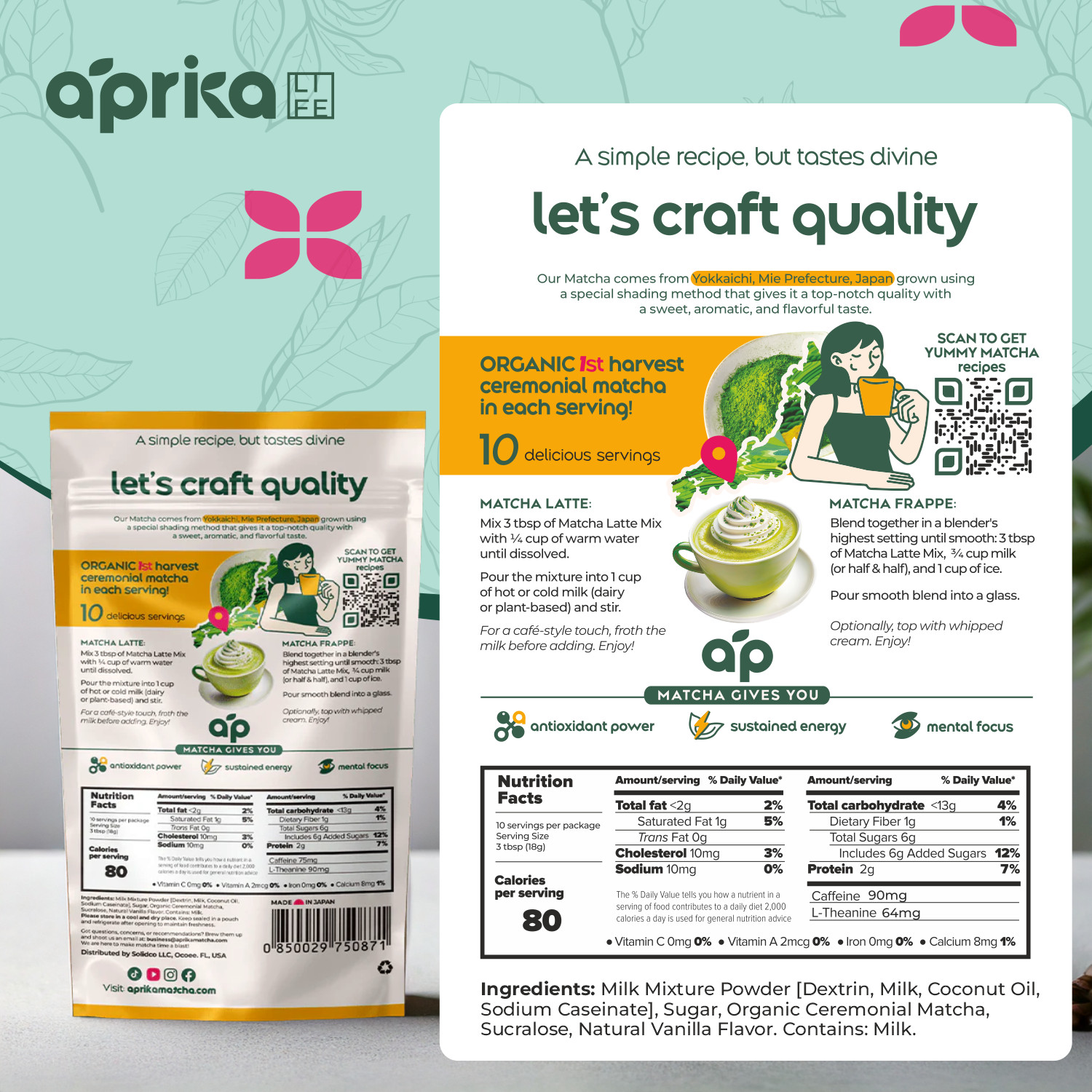 AprikaLife Matcha Latte Mix with Vanilla, Ceremonial, 6.8 oz