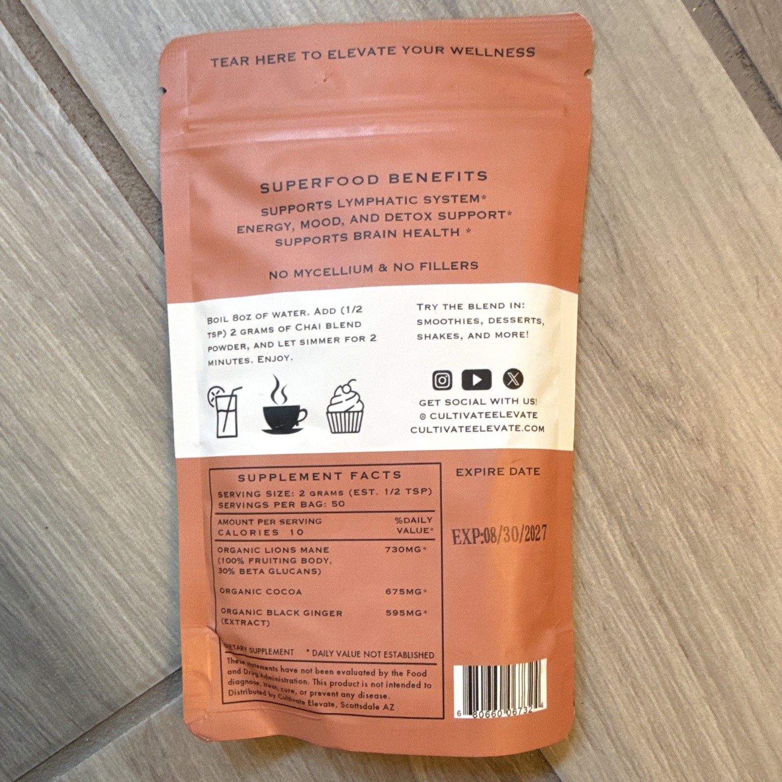 Cultivate Elevate Organic Chai Blend Powder 100g USDA Organic Vegan Tea