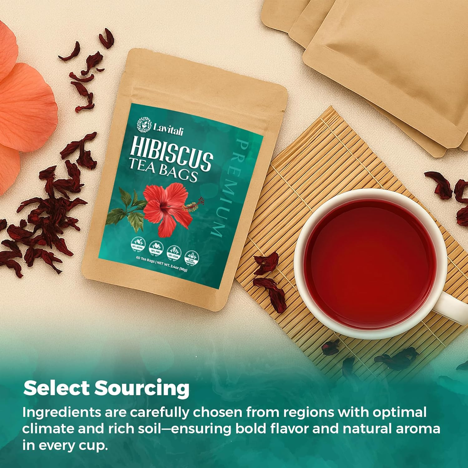 , Hibiscus Tea Bags | 60 Bags, 100% Pure Herbal Tea | Caffeine-Free, Antioxidant