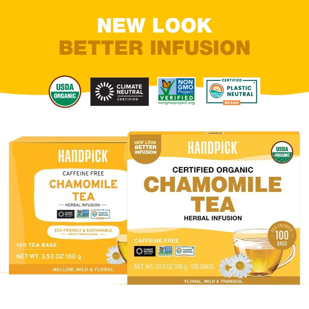 HANDPICK, Organic Chamomile Tea Bags (100 Herbal 100 Count (Pack of 1)