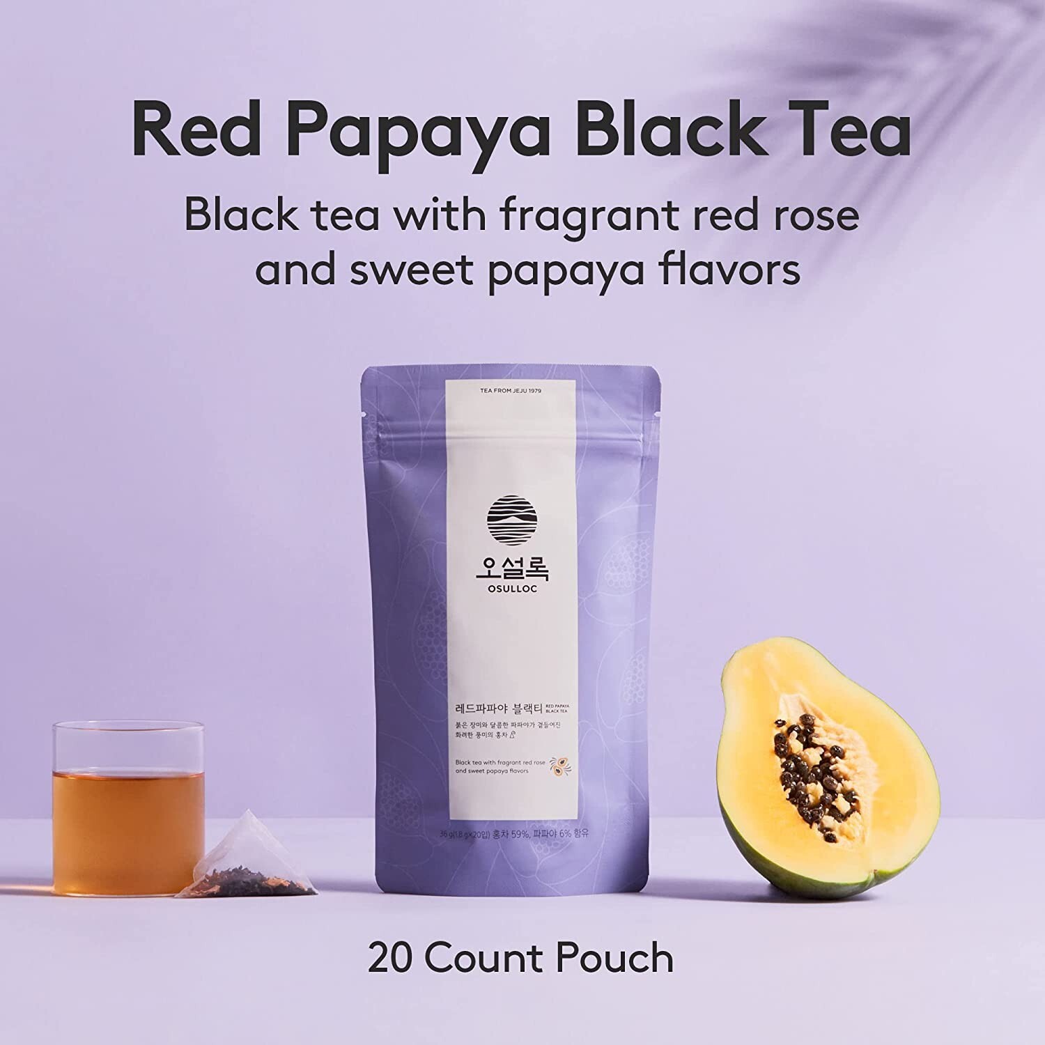 OSULLOC Red Papaya Black Korean Premium Pyramid 20 Count Tea Bags 1.27oz