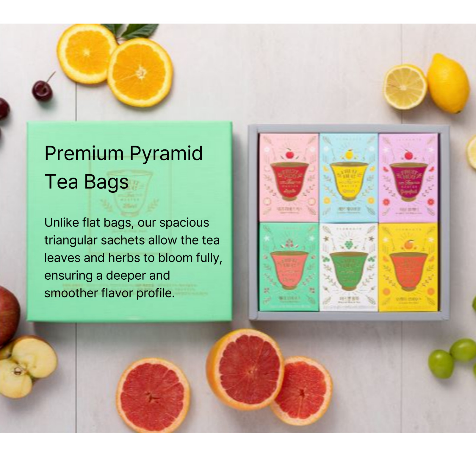 Ssanggye Premium Korean Fruit Hug Dried Tea Blend 6 Flavors x 3 Pyramid Tea Bags