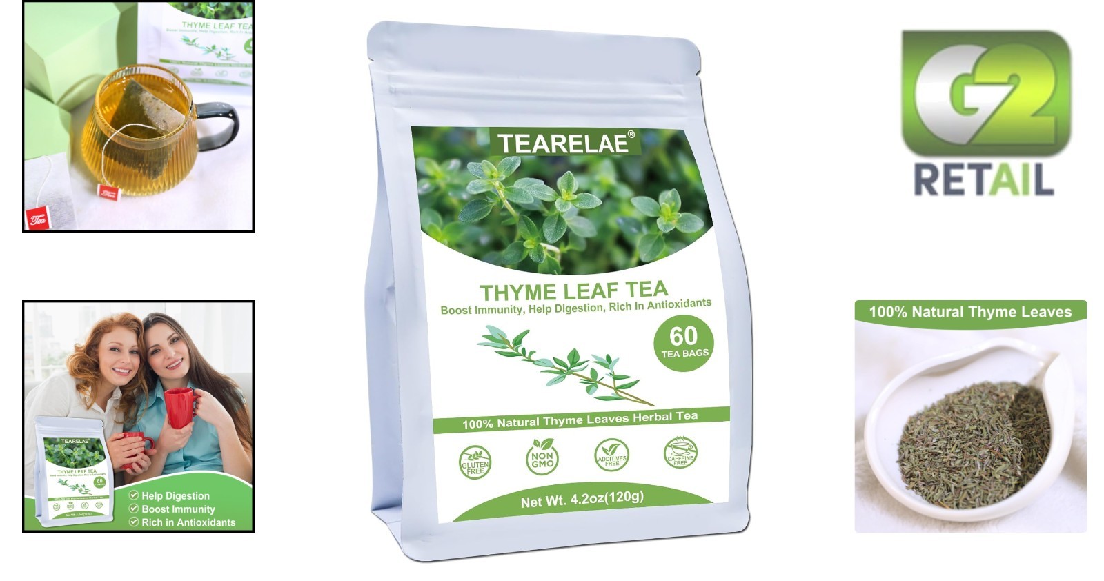 Organic 60 Count Thyme Tea Bags – Aid Digestion & Enjoy Anytime, Caffeine-Free