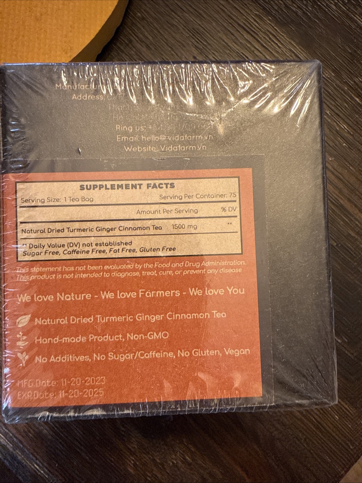 Vida Farm Turmeric Cinnamon Ginger Tea Bags 75 Count Gluten Free Caffeine Free