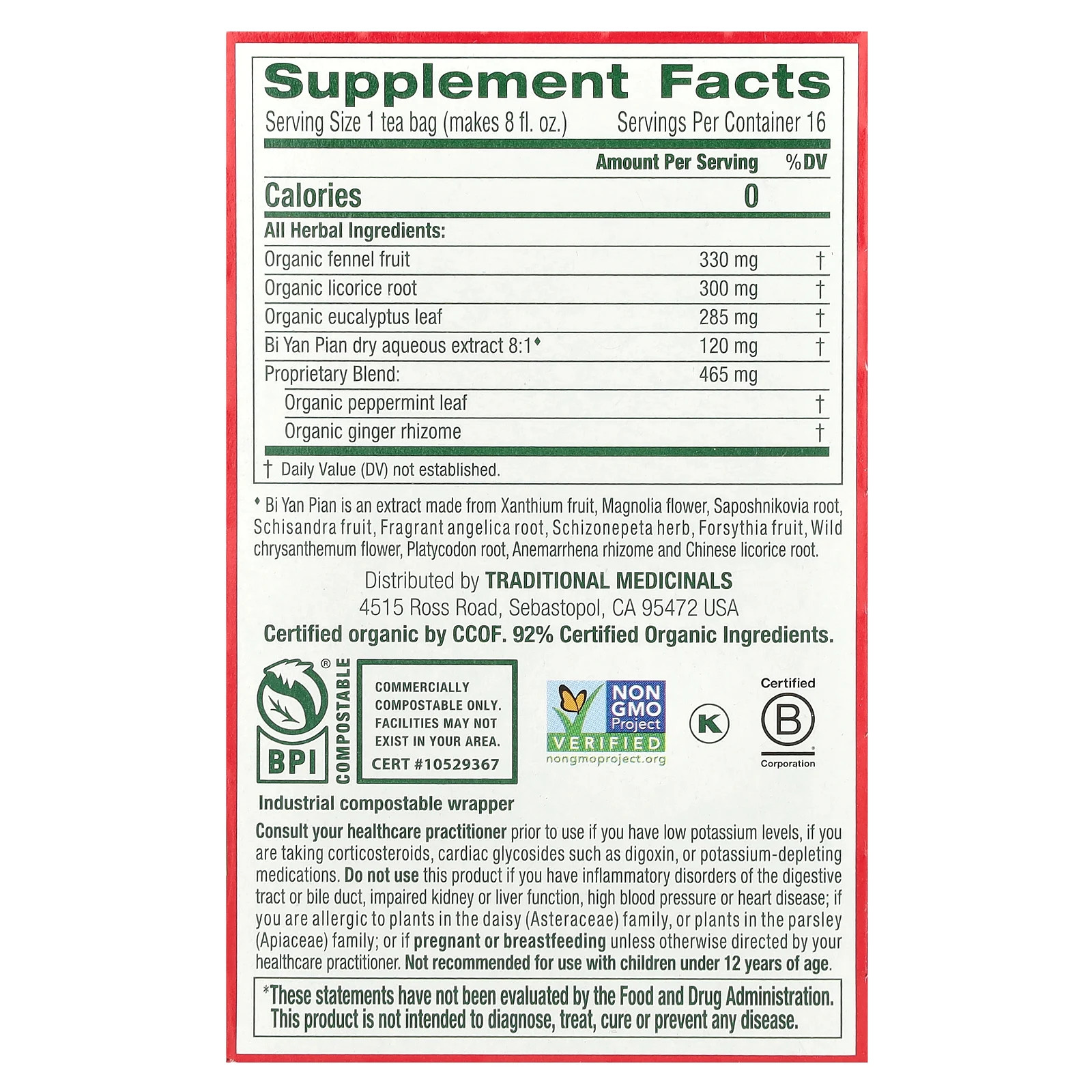Breathe Easy, Eucalyptus Mint, Caffeine Free, 16 Wrapped Tea Bags, .85 oz (24 g)