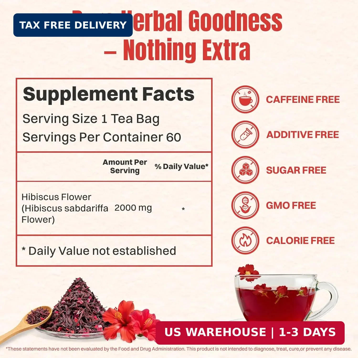 Hiihone Hibiscus Tea Bags 60 Count – Pure Hibiscus Flower Herbal Tea, Caffeine-F