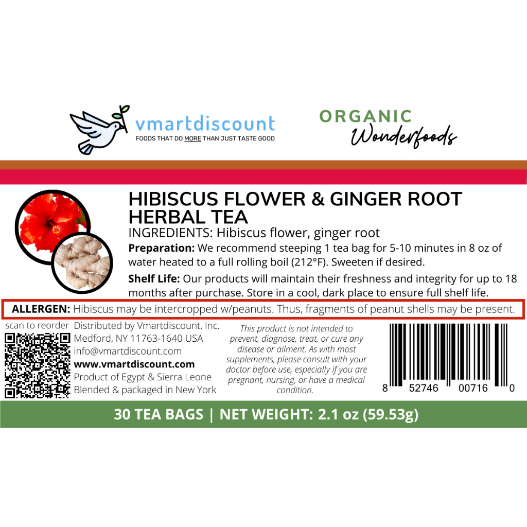 Hibiscus Ginger Herbal Tea (Te de Jamaica y Jengibre) 30 Tea Bags, Caffeine-Free
