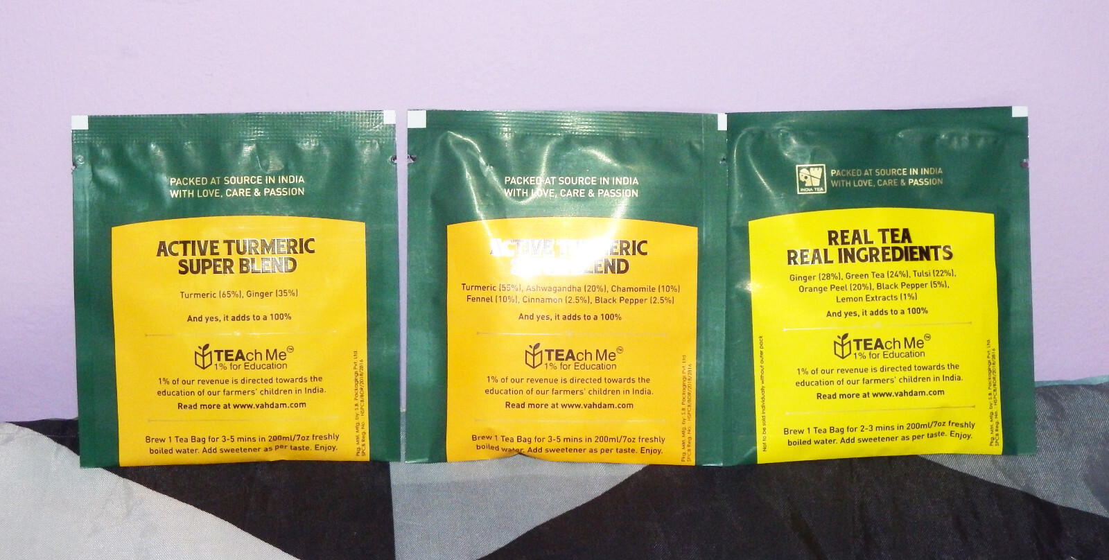 New Vahdam Tea Turmeric Ginger Chamomile Lemon Ginger 3 Tea Bag Set