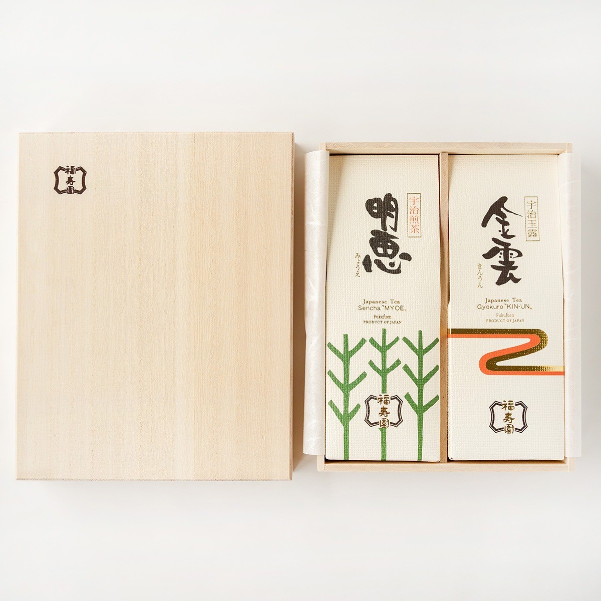 Kyoto Fukujuen W-730 Premium Uji Tea Set – Gyokuro & Sencha (Wooden Box) Gift