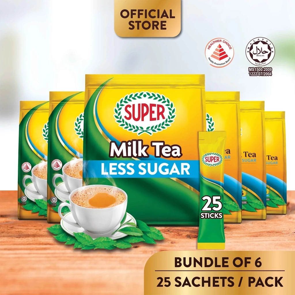 (Bundle of 6) SUPER Instant 3in1 Milk Tea, 12/25 sticks [HALAL] – Less Sugar