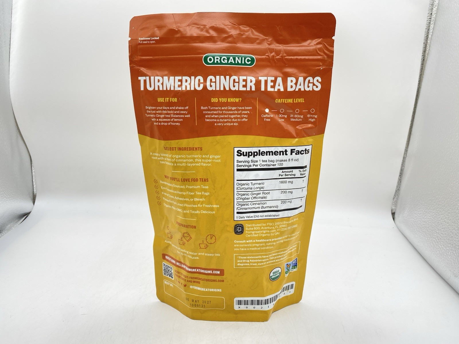 Organic Turmeric Ginger Tea – Eco-Conscious Tea Bags – 100 Count BB:05/2027